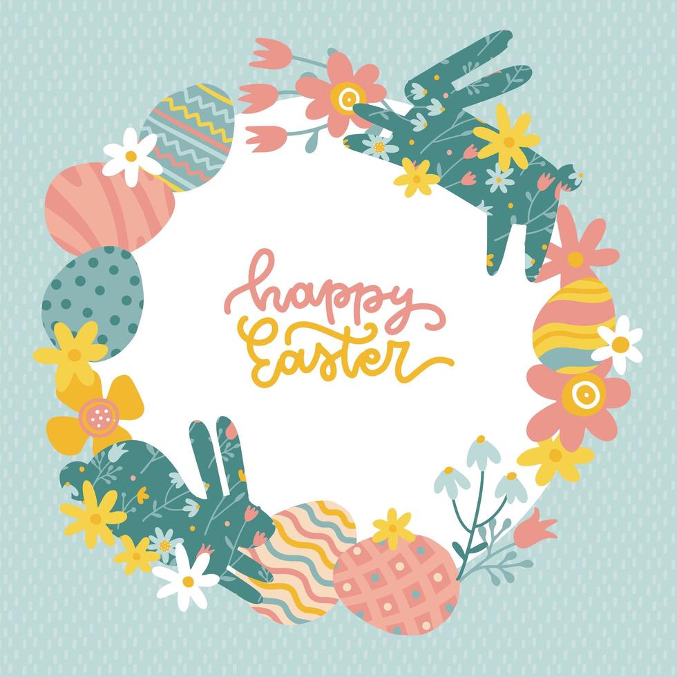 Happy Easter greeting card with wreath of flowers, brunches, Easter eggs and rabbit ornate silhouettes. Vector flat hand drawn illustration with lettering.