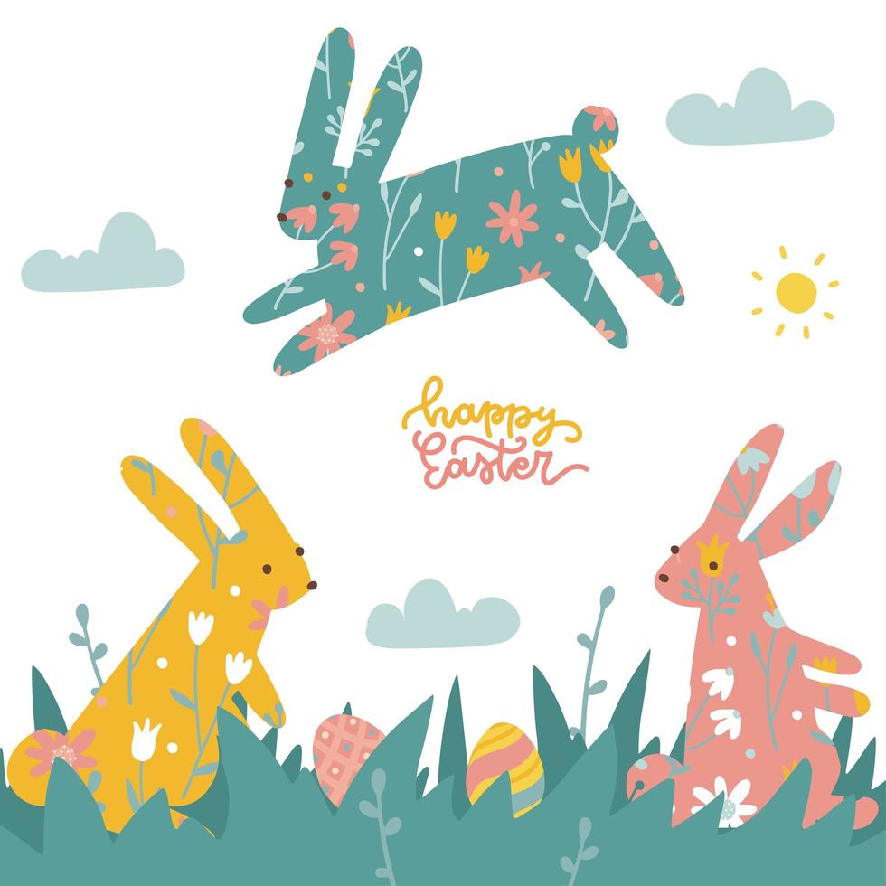 Happy Easter easter card woth Bunnies and rabbits ornate silhouettes, Easter eggs, grass and flowers. Folk style icons patterned design of animals. Vector flat hand drawn illustration with lettering.