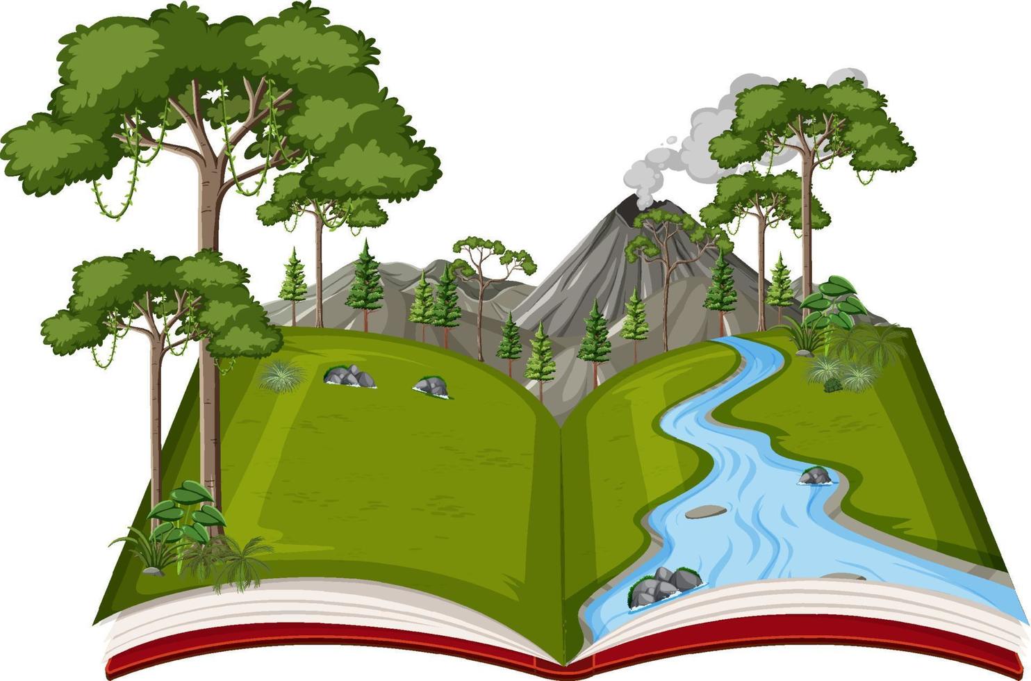 Book with scene of river run through woods vector
