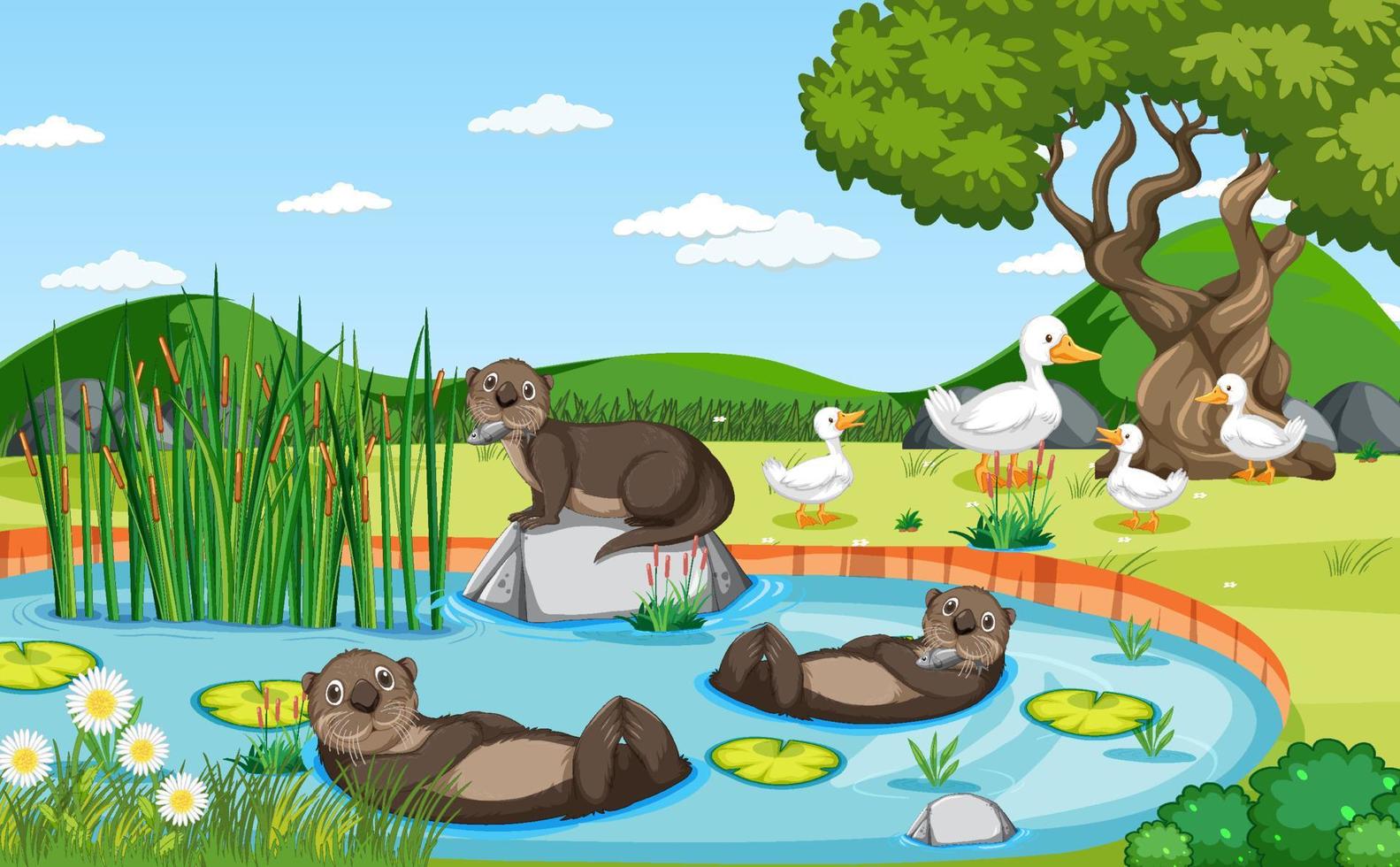 Pond in the forest background with otters and ducks vector