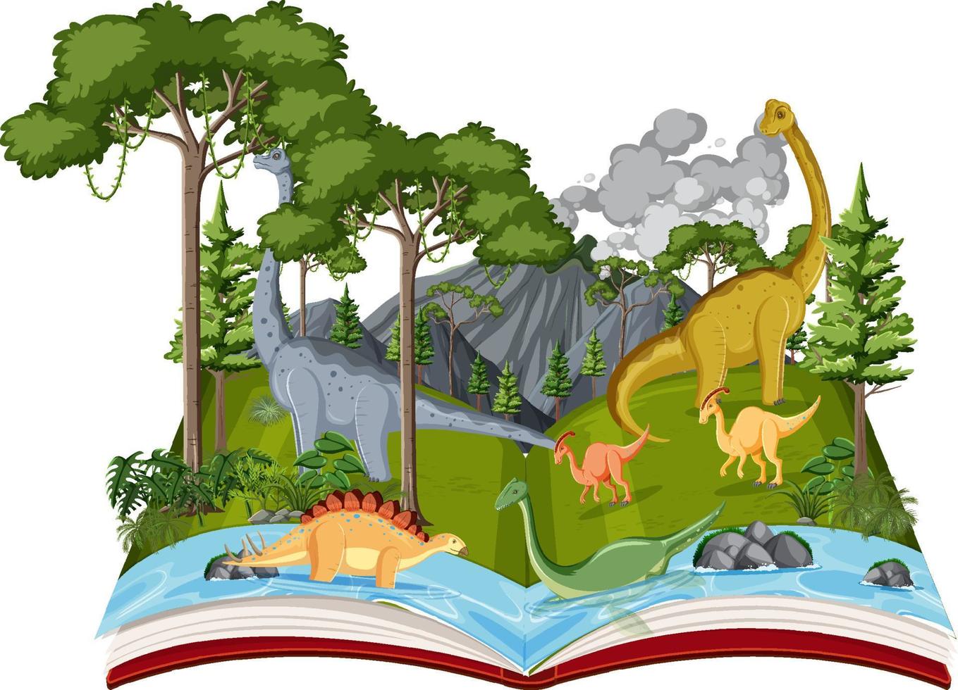 libro con escena de dinosaurios en el bosque vector