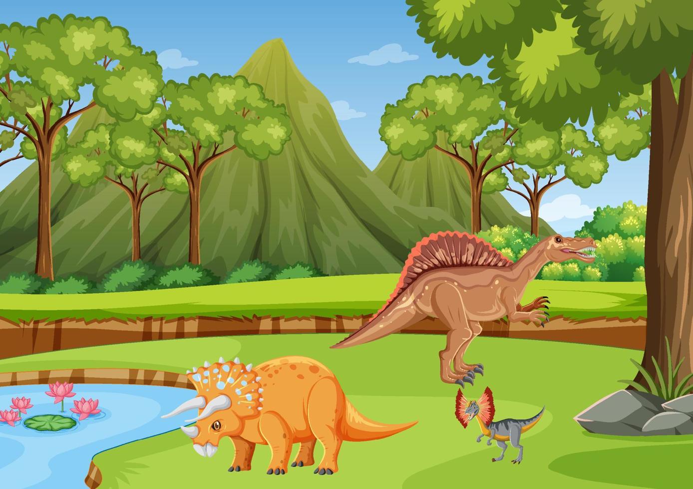 escena con dinosaurios en el bosque vector