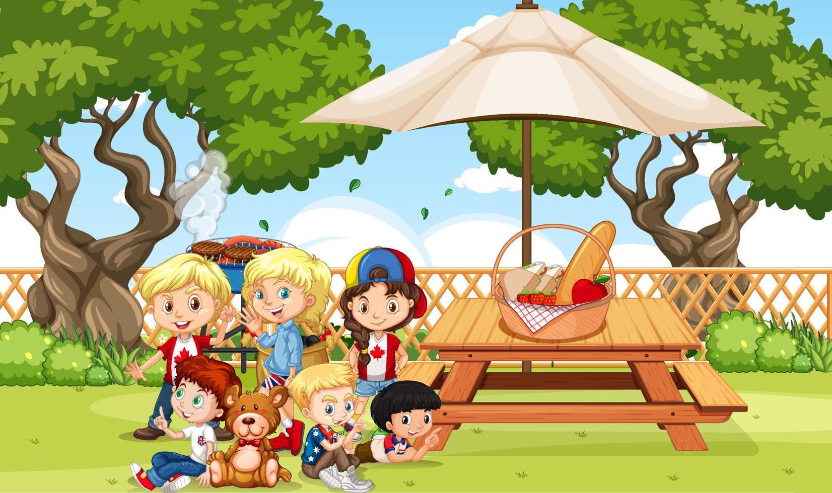 Scene of backyard with kids and fence vector