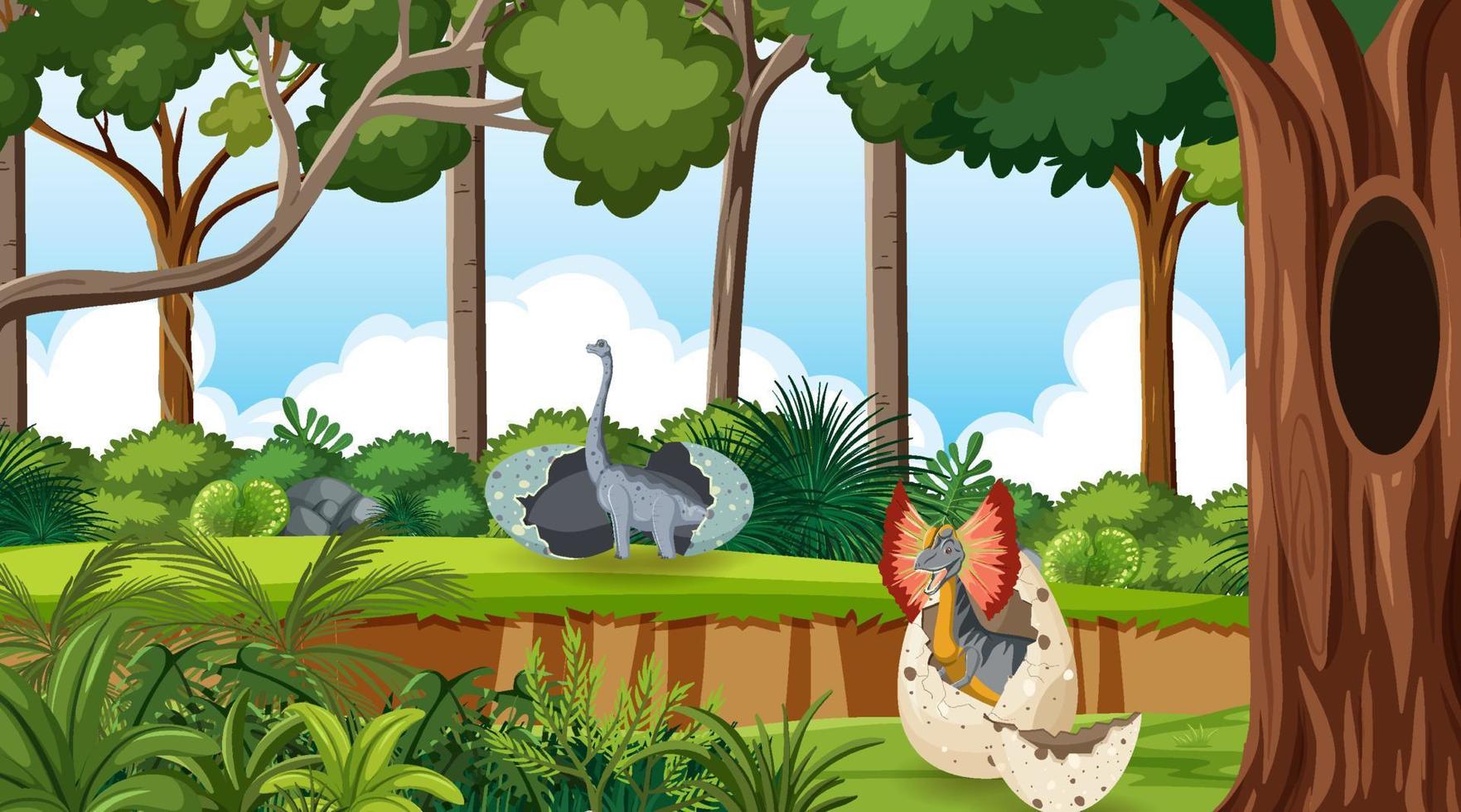 Nature scene with trees on mountains with dinosaur vector