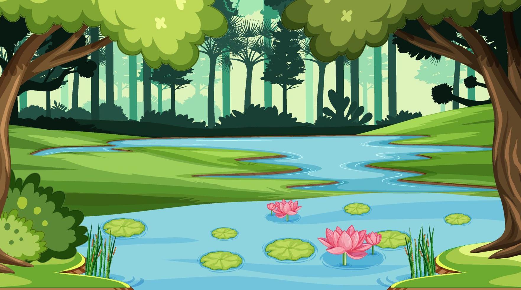 Nature scene with many trees and river vector