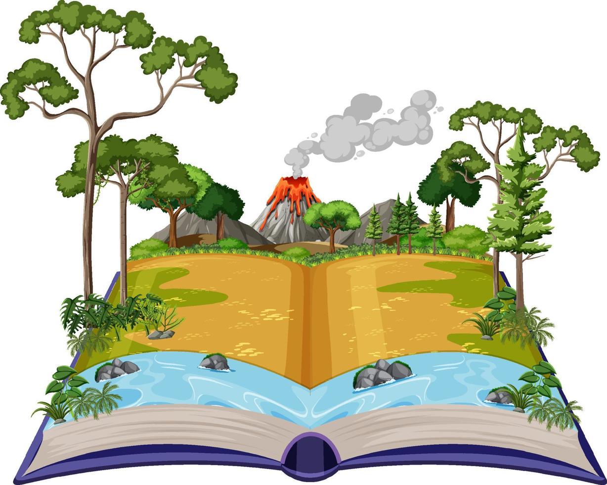 Book with scene of volcano erupting vector