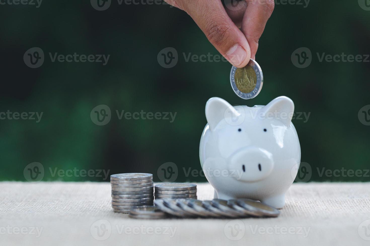 A woman puts coins in a piggy bank. Savings concept for financial accounting. Economy, investment, business growth and wealth. photo