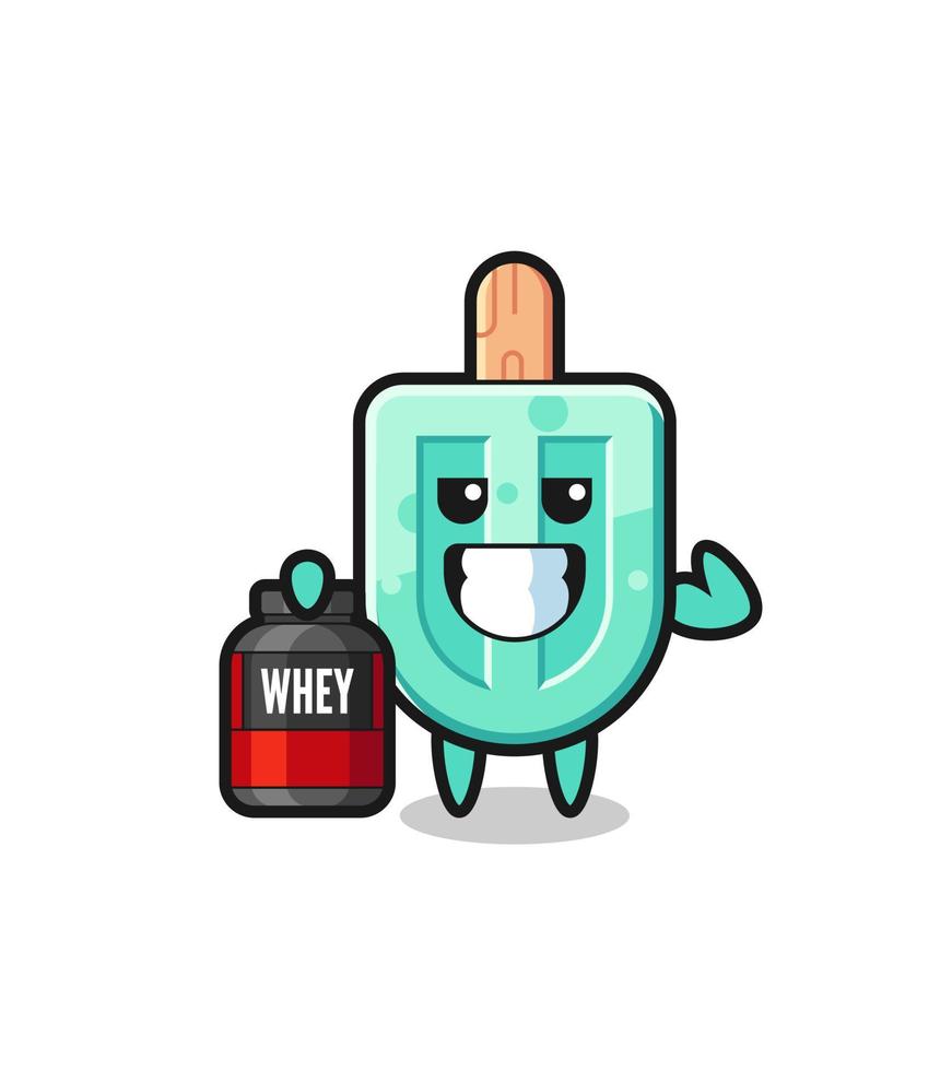 the muscular popsicles character is holding a protein supplement vector