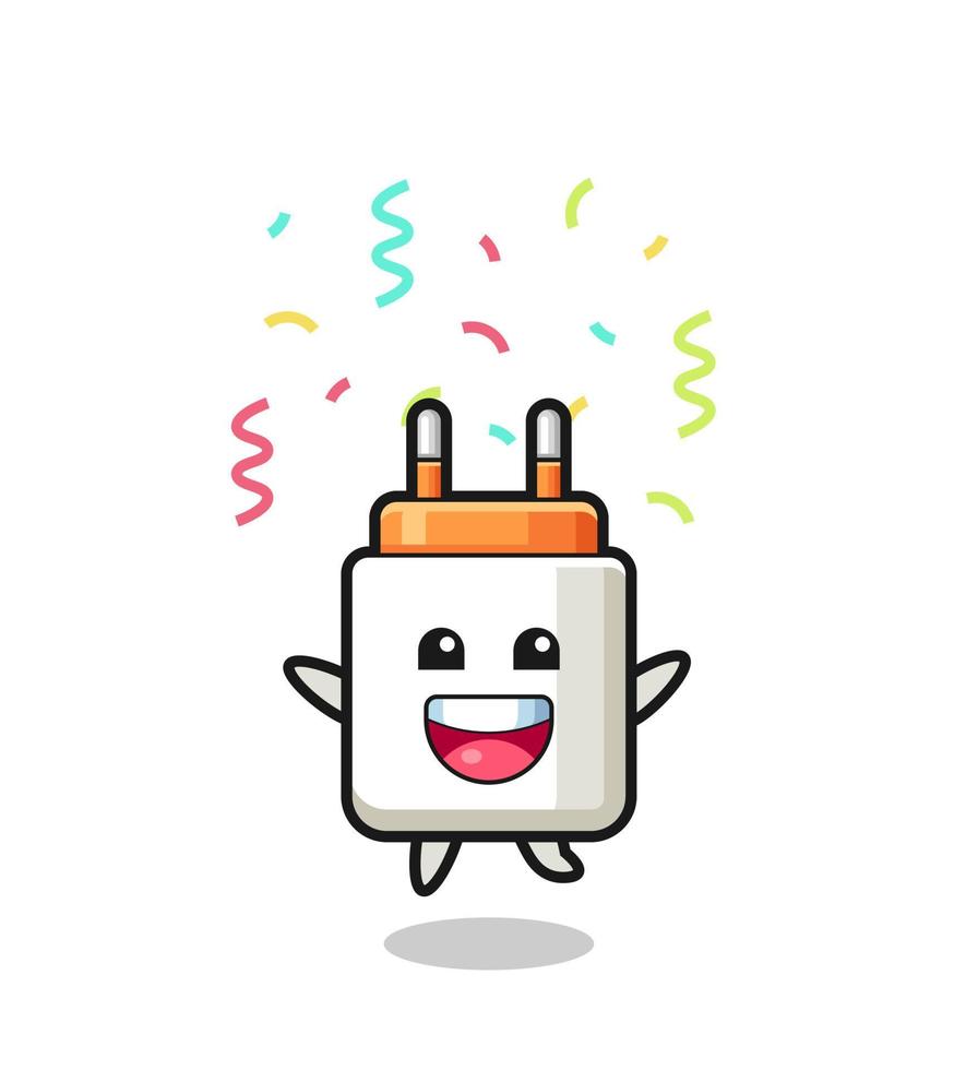 feliz adaptador de corriente mascota saltando para felicitaciones con confeti de color vector