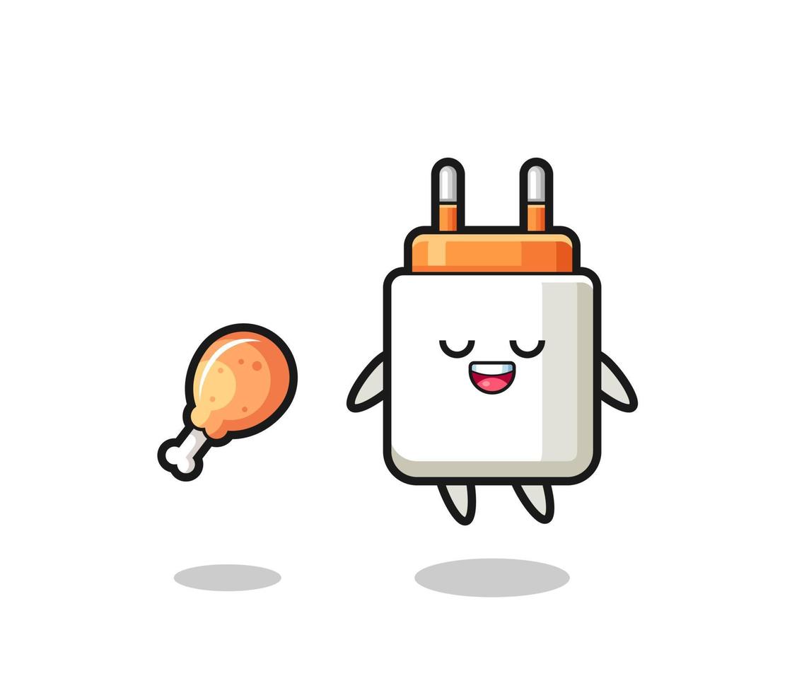 cute power adapter floating and tempted because of fried chicken vector