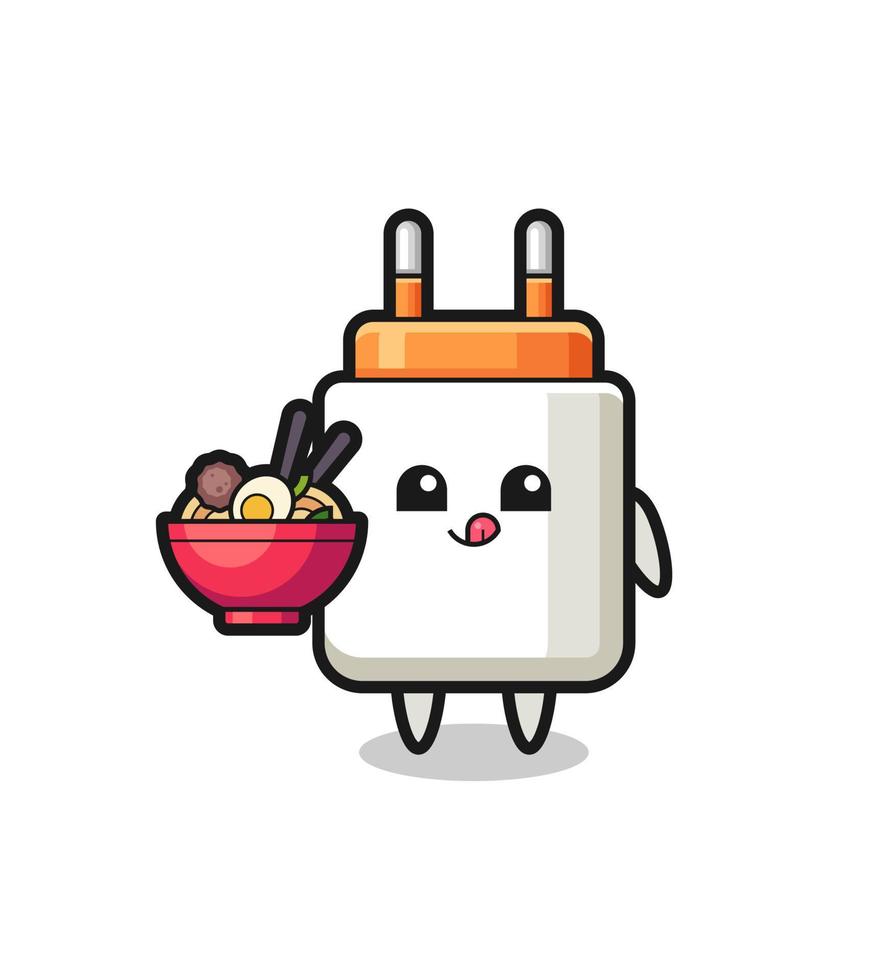 cute power adapter character eating noodles vector