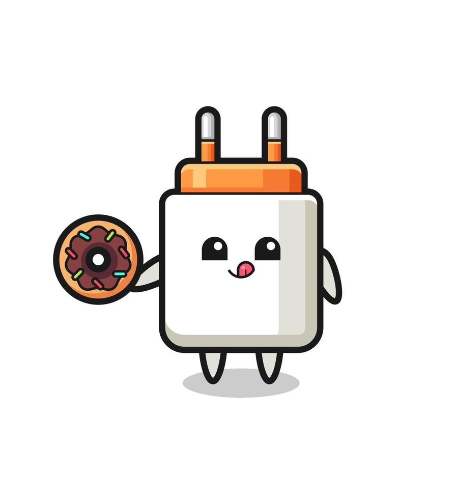 illustration of an power adapter character eating a doughnut vector