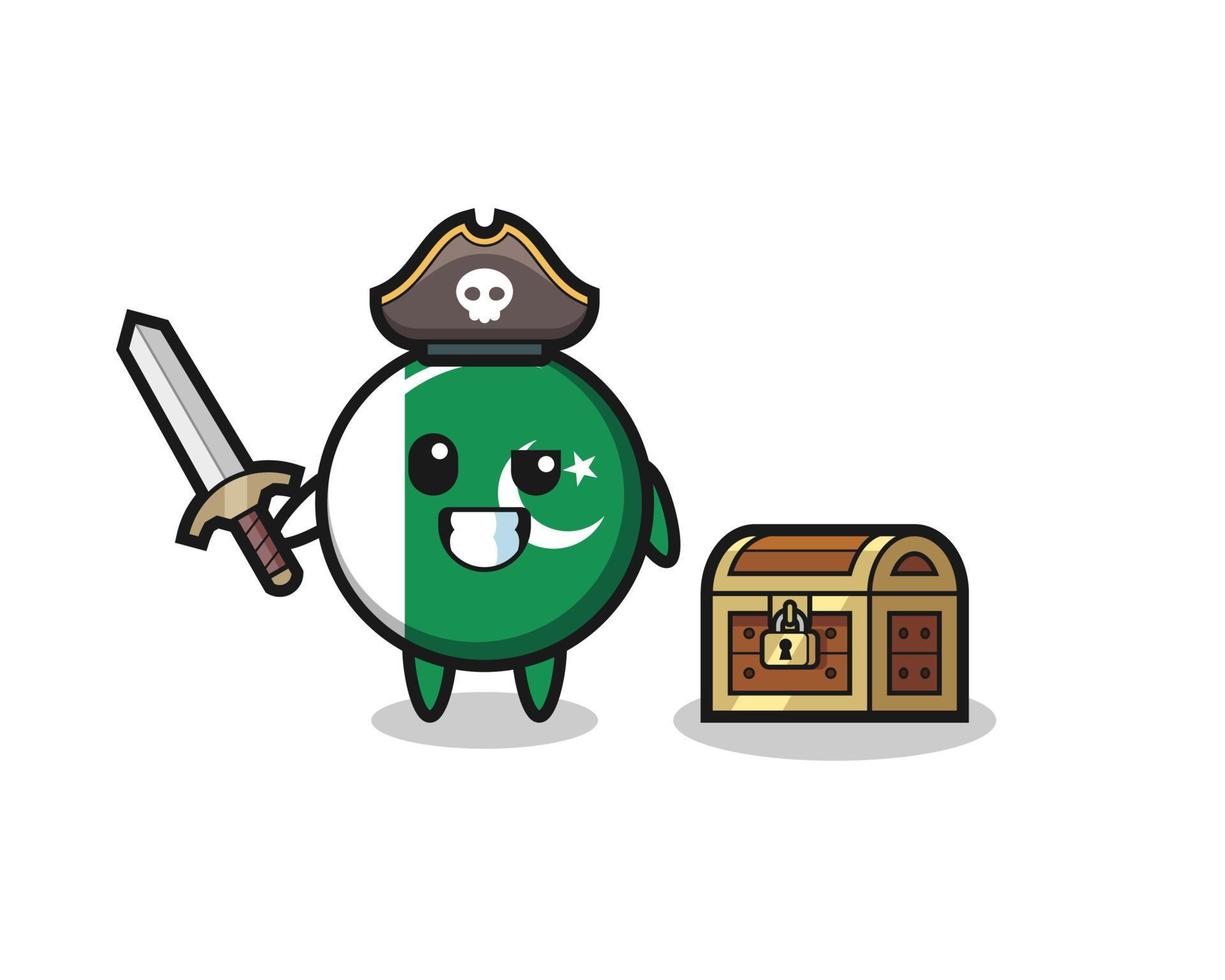 the pakistan flag pirate character holding sword beside a treasure box vector
