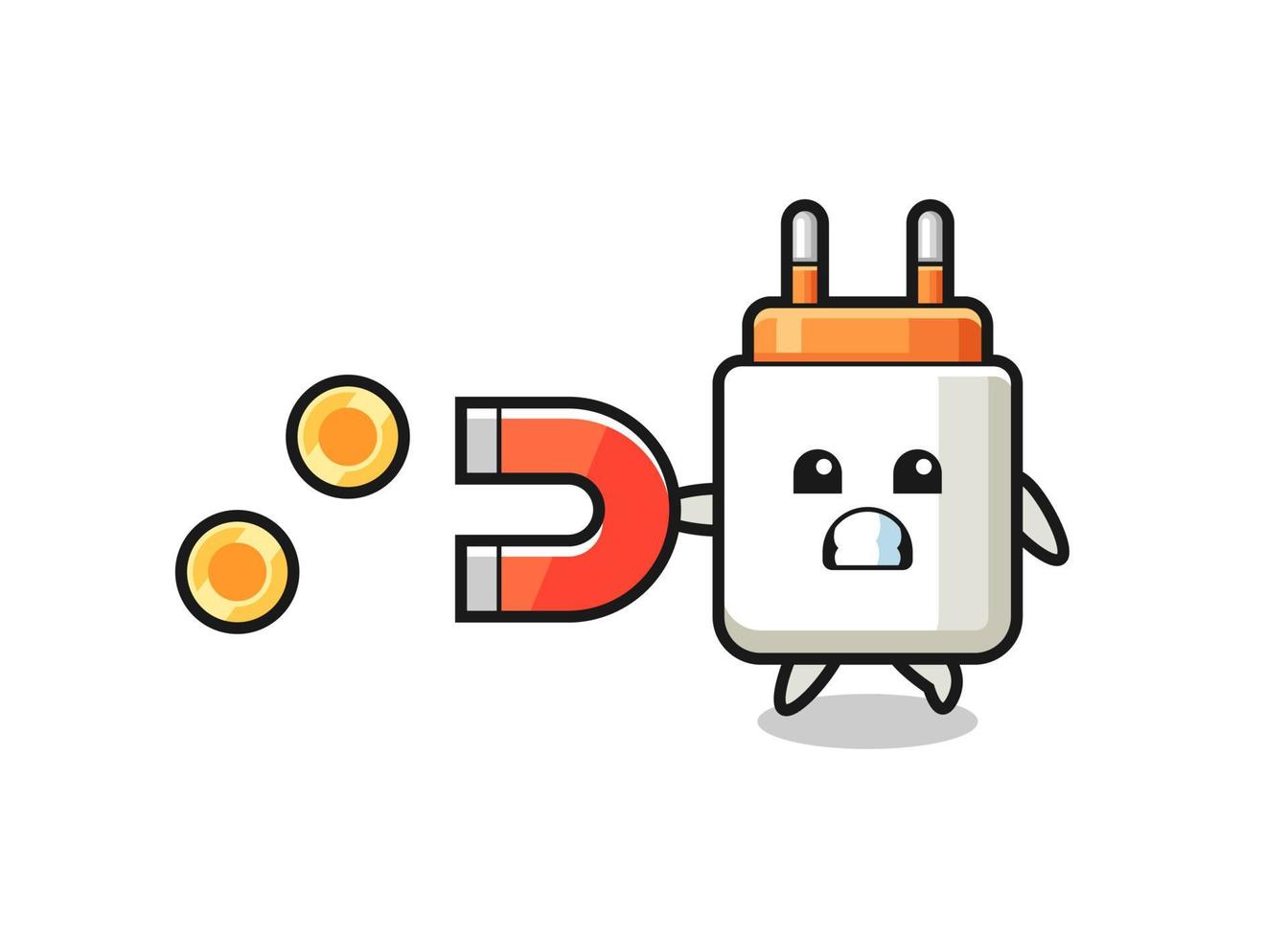 the character of power adapter hold a magnet to catch the gold coins vector