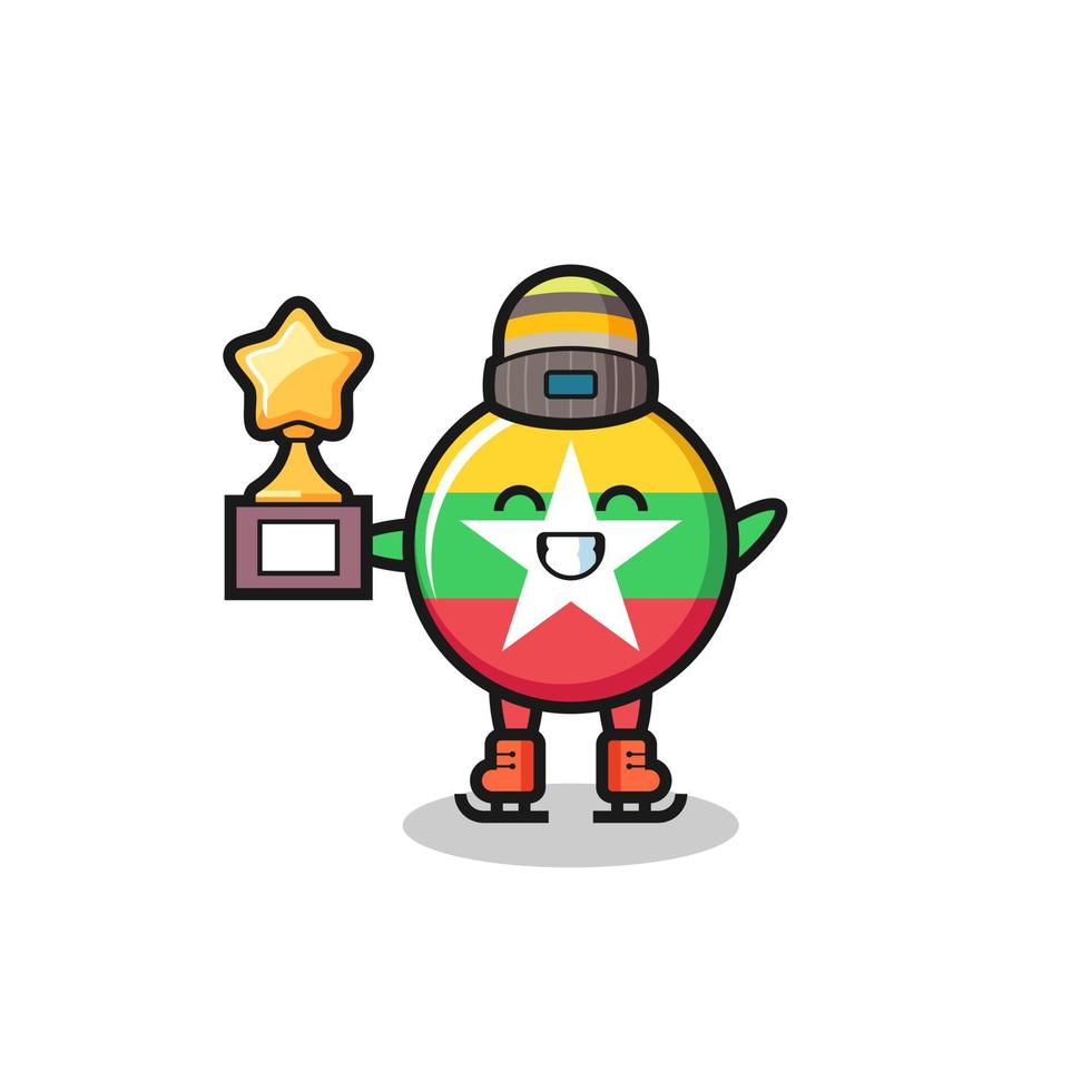 myanmar flag cartoon as an ice skating player hold winner trophy vector