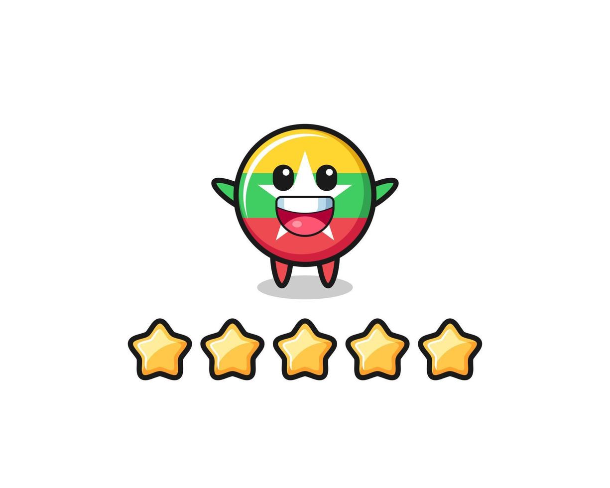 the illustration of customer best rating, myanmar flag cute character with 5 stars vector