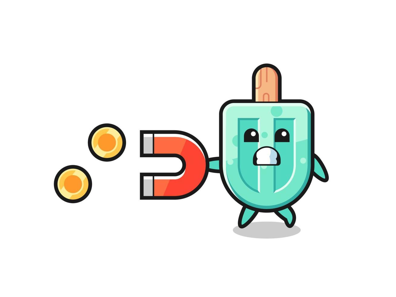 the character of popsicles hold a magnet to catch the gold coins vector