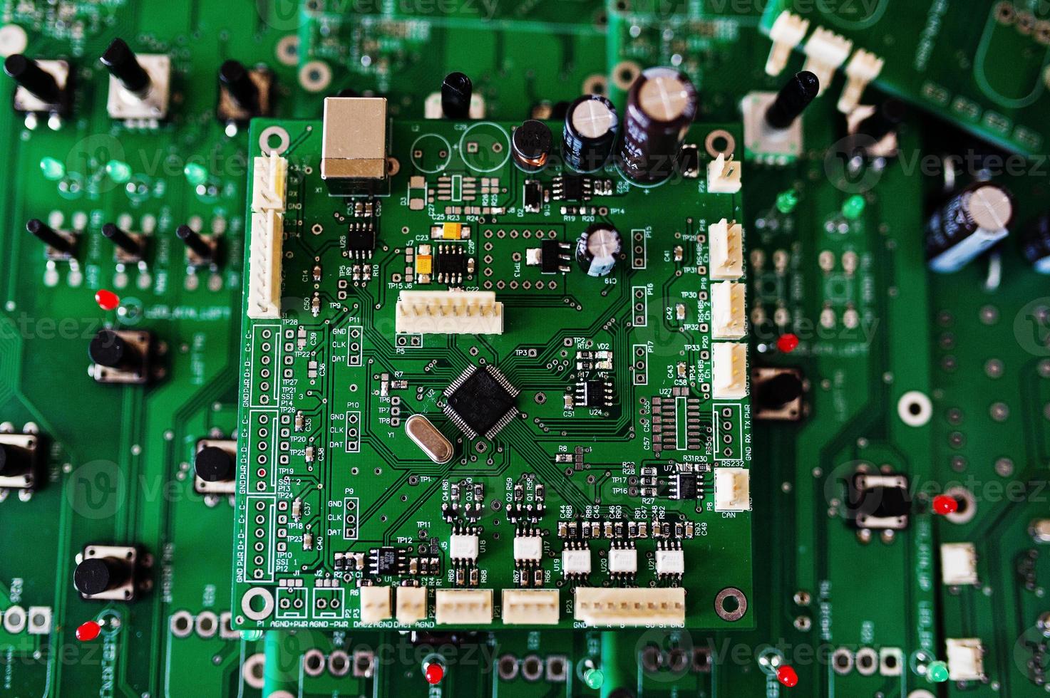 Circuit board of electronic computer hardware technology. Motherboard digital chip. photo