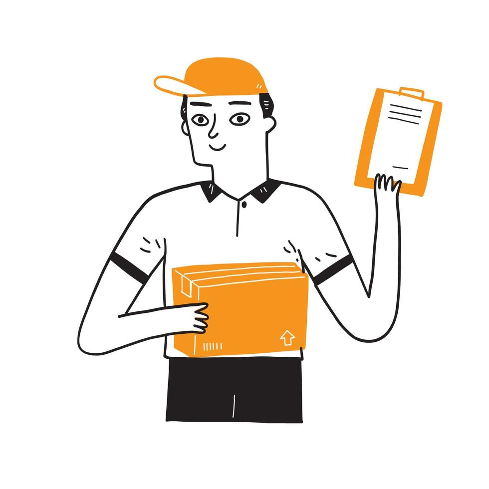 Delivery man holding a large box with documents to sign. vector