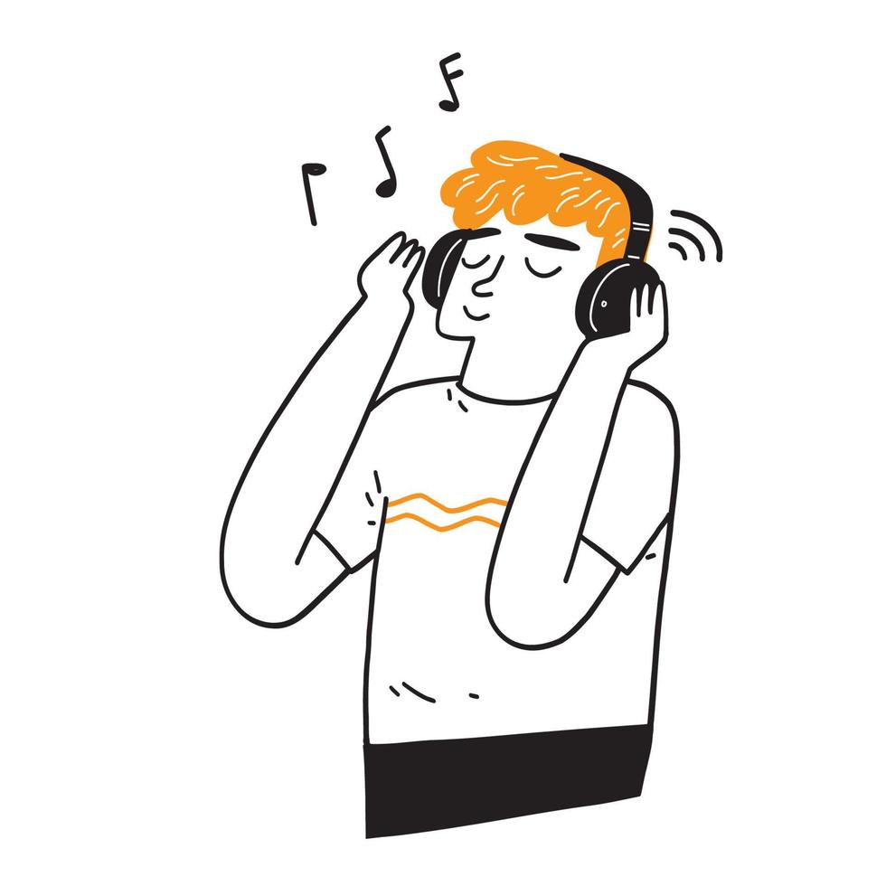 hombre guapo en auriculares escuchando música vector