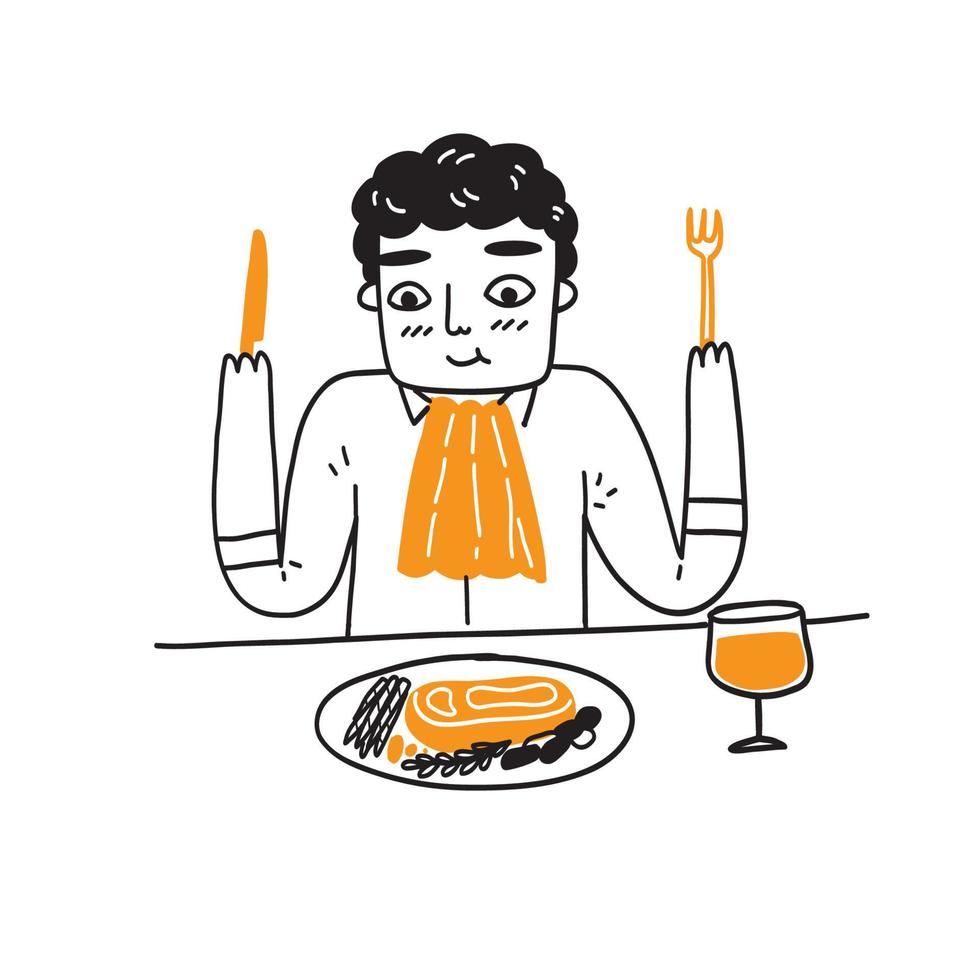 hombre elegante comiendo un bistec en una mesa de restaurante vector
