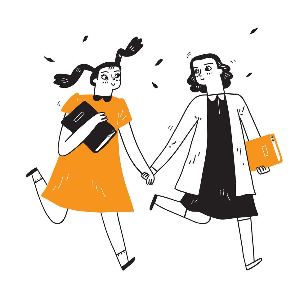 Two girls walking hand in hand both holding books vector