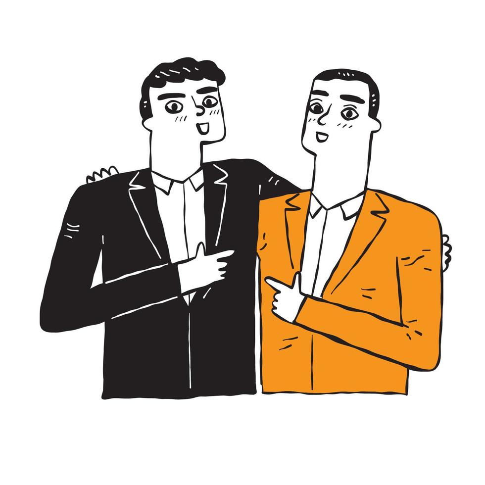 Two businessmen in suits hugging each other, vector