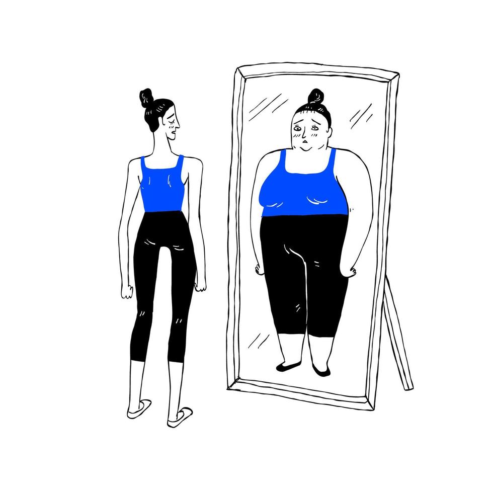 Weight loss concept - Young fit, slim woman looking at fat girl in mirror's reflection on white background. vector