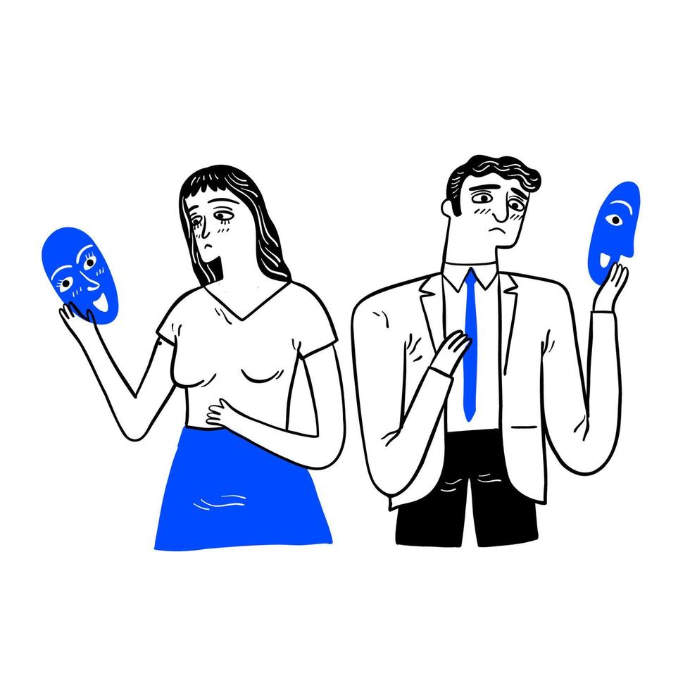 People covering their faces with masks expressing positive emotions. Concept of hiding personality or individuality, psychological problem. vector