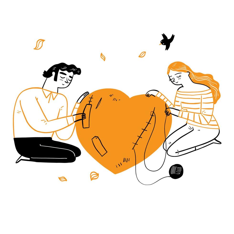 A couple repairing a broken heart to make it work again vector