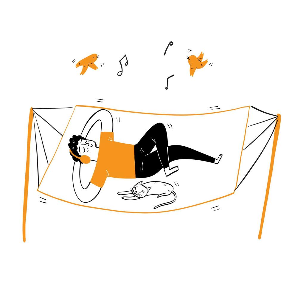 Happy man lying on the crib with headphones listening to music vector