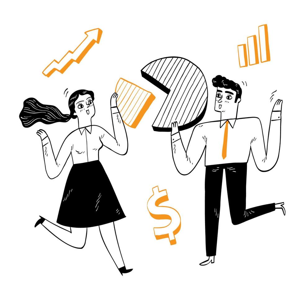 Employees  holding a pie graph vector
