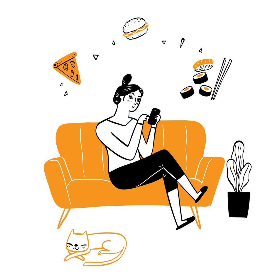 Woman ordering food online from home in living room. vector