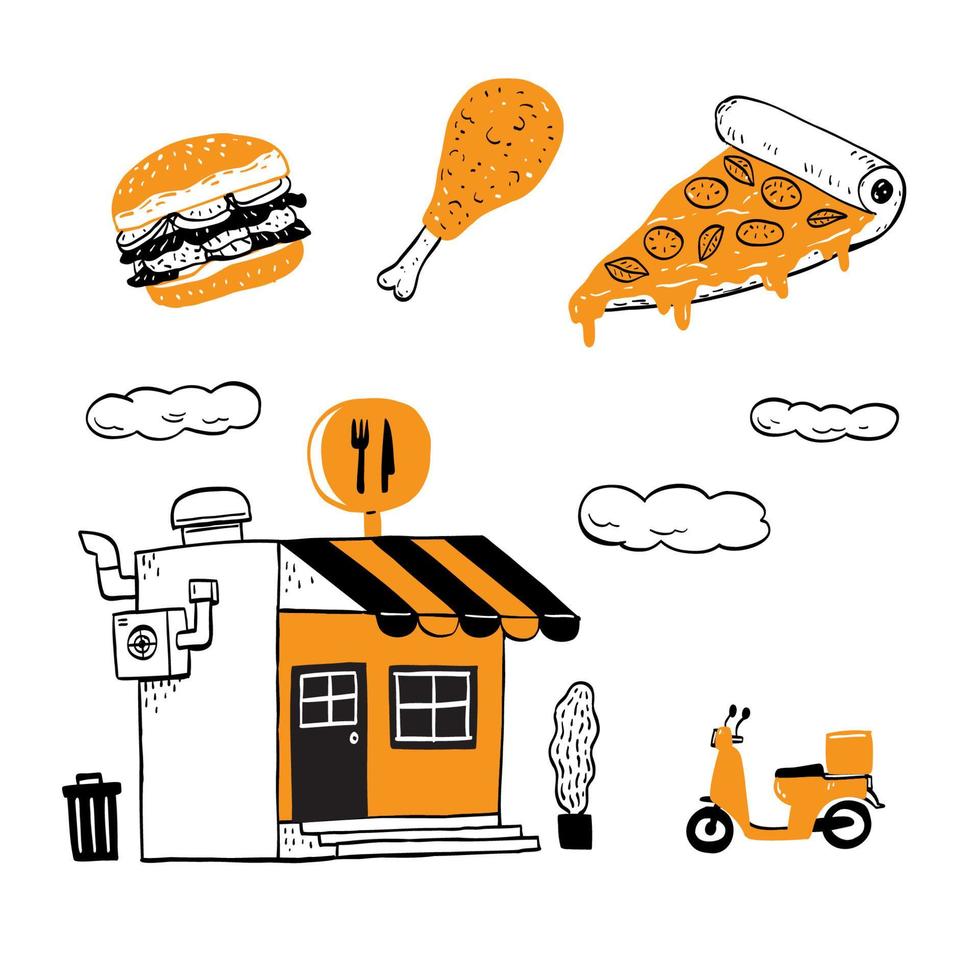 Stores and shops with shop, pizza, burger restaurant vector