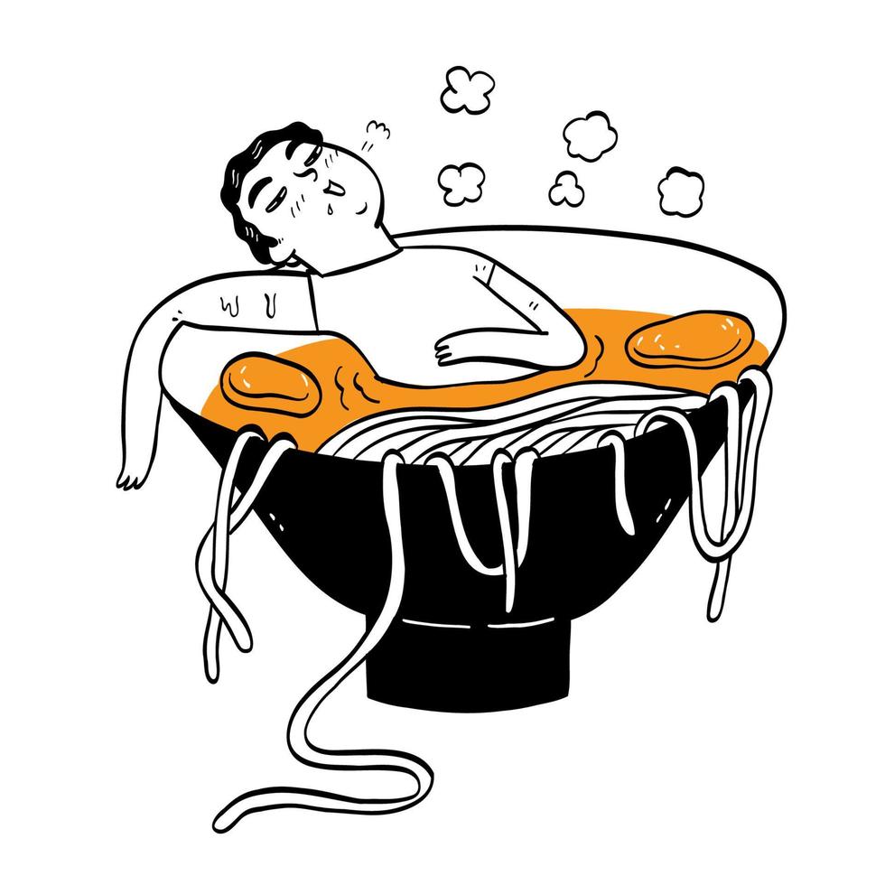 Man sleeping in a cup of udon vector
