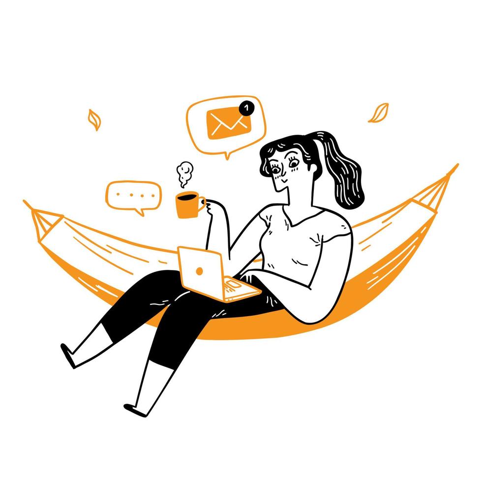 Young woman on a hammock with a laptop chatting on social networks and receiving messages or mail. vector