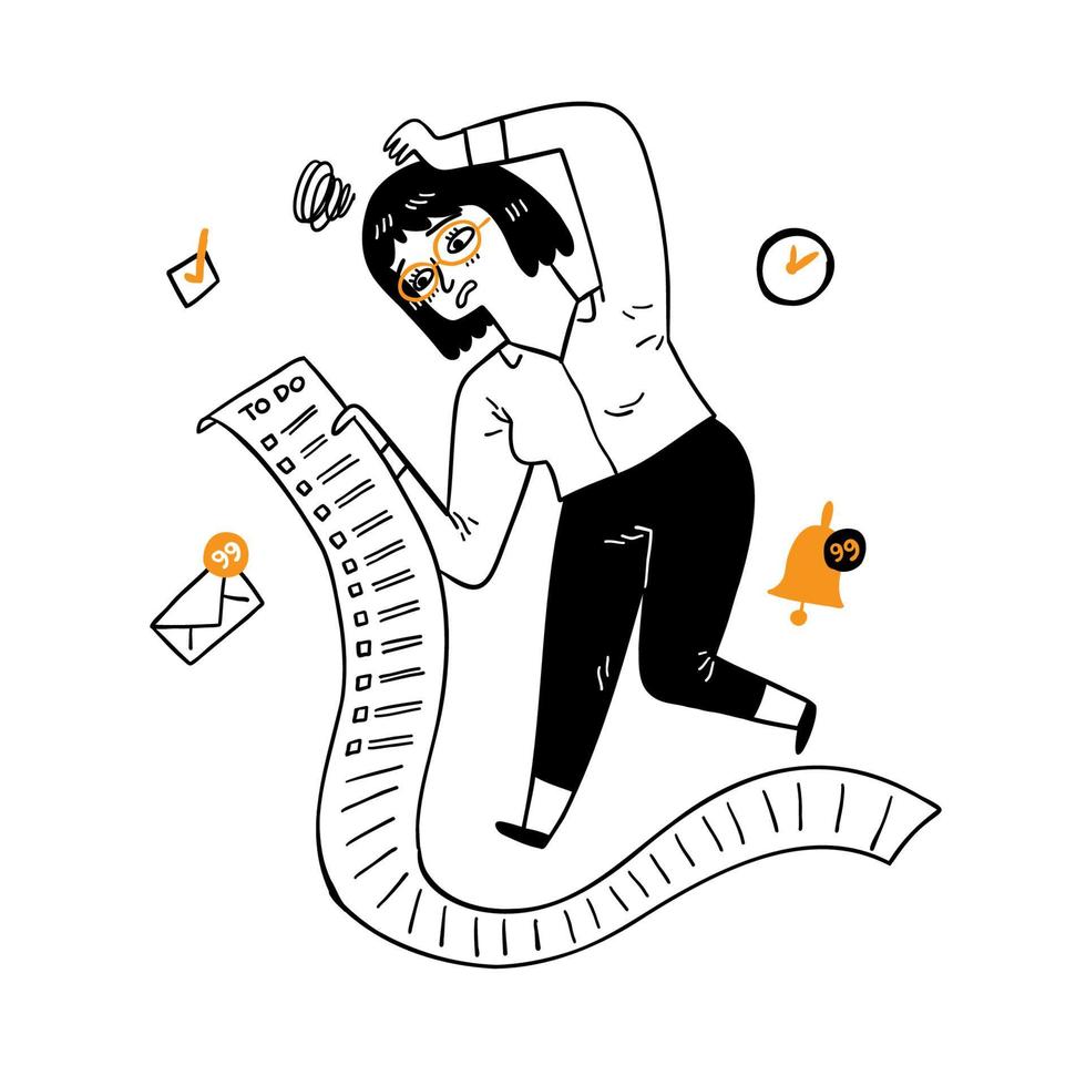 Portrait woman holding long to do list stressed out showing frustration. vector