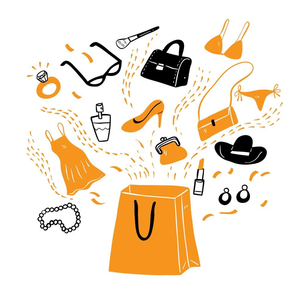 Many types of products ejected from a shopping bag. vector