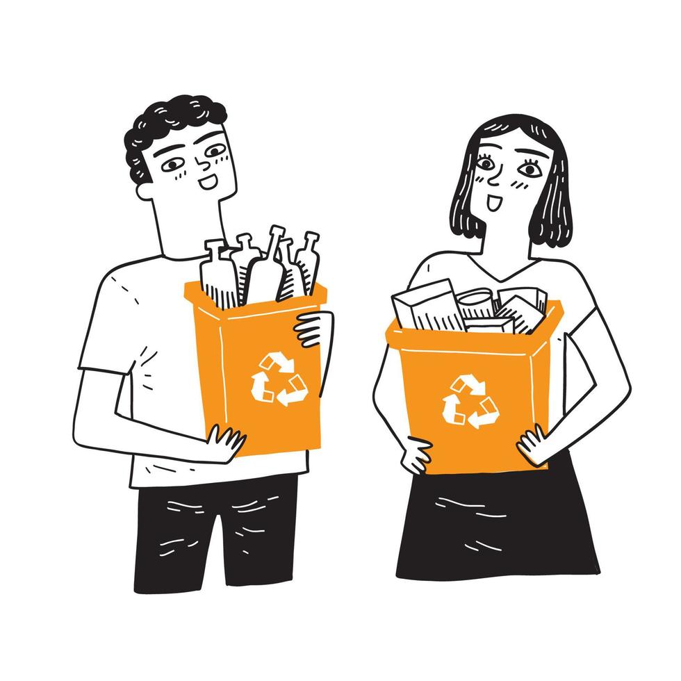 Young people holding a recycle bin with many bottle or paper inside vector