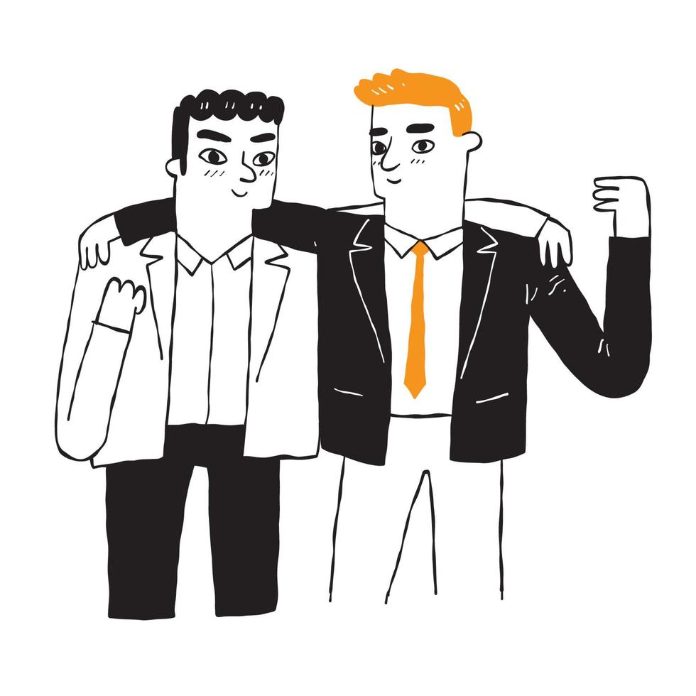 Two businessmen in suits hugging each other, vector