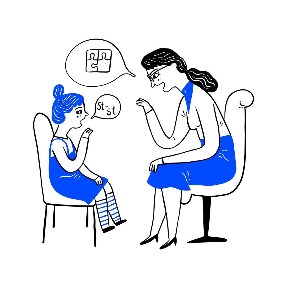 Concepts of psychology. psychotherapist treating a child with stuttering. vector