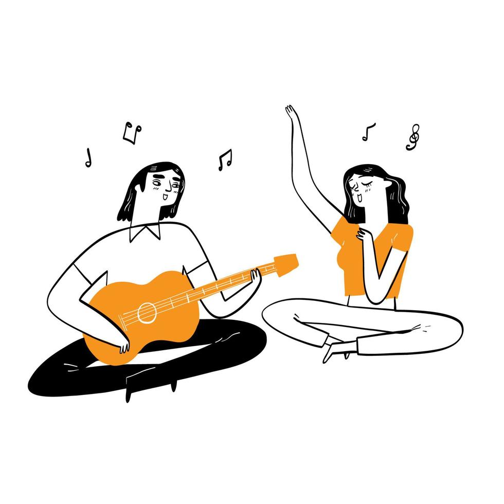 Couple or friend, man and woman playing guitar and singing vector