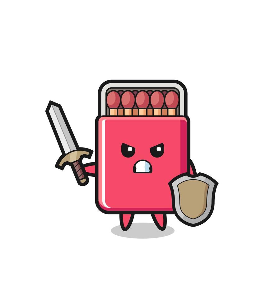 cute matches box soldier fighting with sword and shield vector