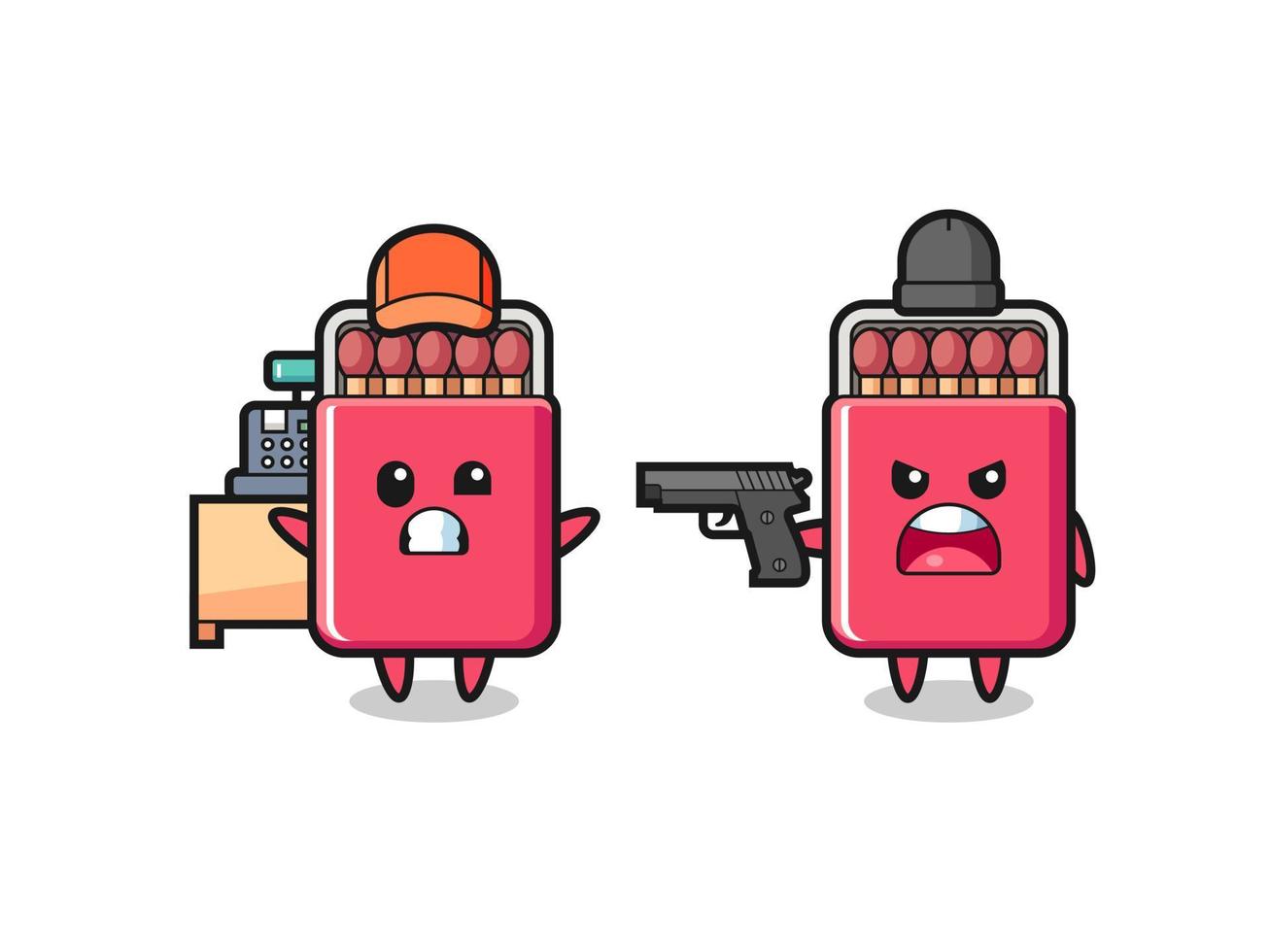 illustration of the cute matches box as a cashier is pointed a gun by a robber vector