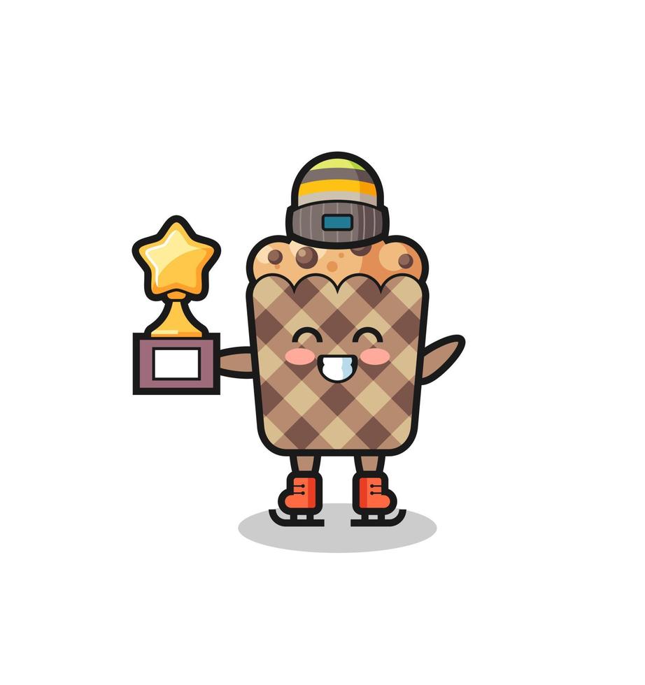 muffin cartoon as an ice skating player hold winner trophy vector