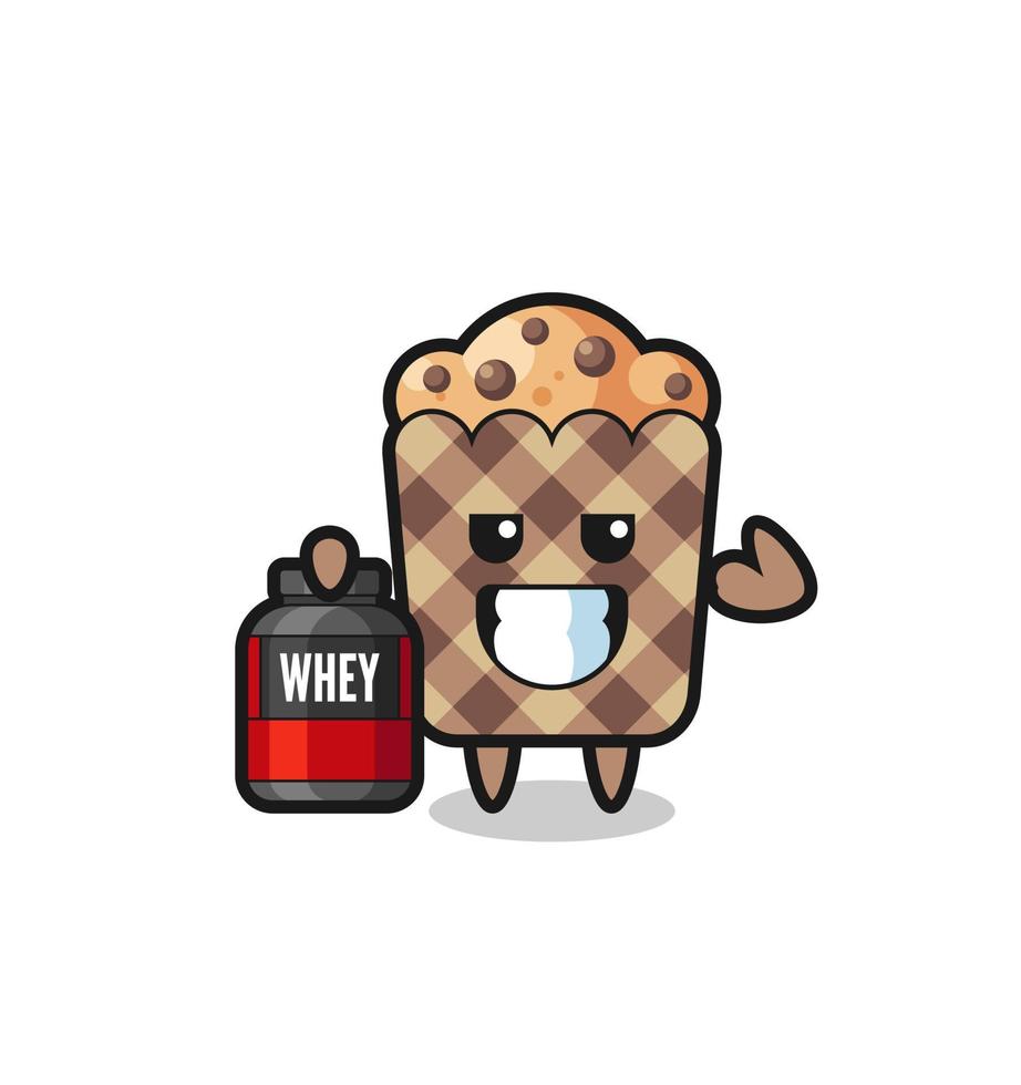 the muscular muffin character is holding a protein supplement vector