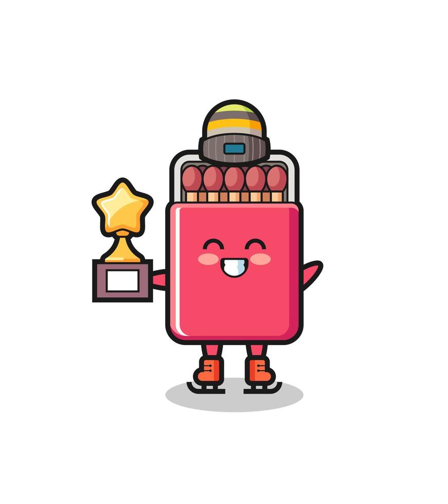 matches box cartoon as an ice skating player hold winner trophy vector