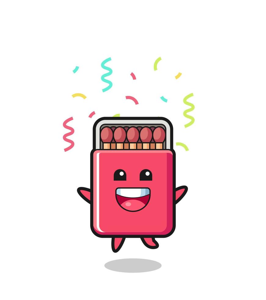 happy matches box mascot jumping for congratulation with colour confetti vector