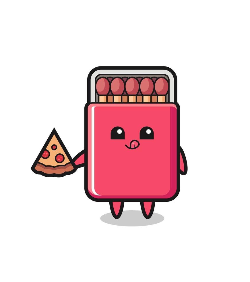 cute matches box cartoon eating pizza vector