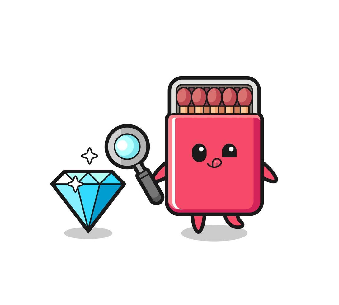 la mascota de la caja de fósforos está comprobando la autenticidad de un diamante vector